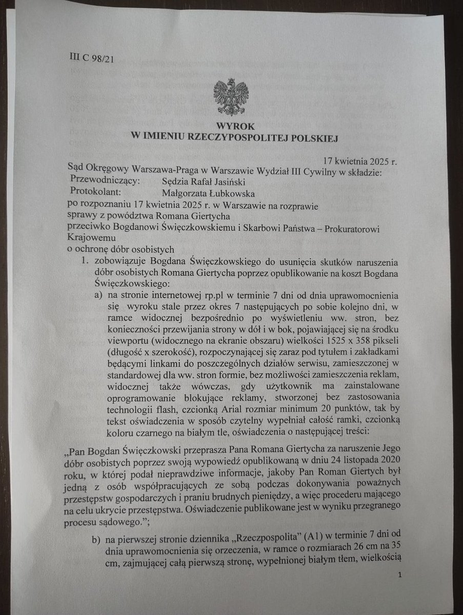 Pan Bogdan Święczkowski przegrał dzisiaj ze mną sprawę o bezczelne pomówienia, które wygłaszał jako Prokurator Krajowy jakobym popełnił jakieś przestępstwa obsługując spółkę Polnord. Ma przepraszać na 1 stronie Rzeczpospolitej, gdzie były jego pomówienia i zapłacić mi 30 tysięcy.