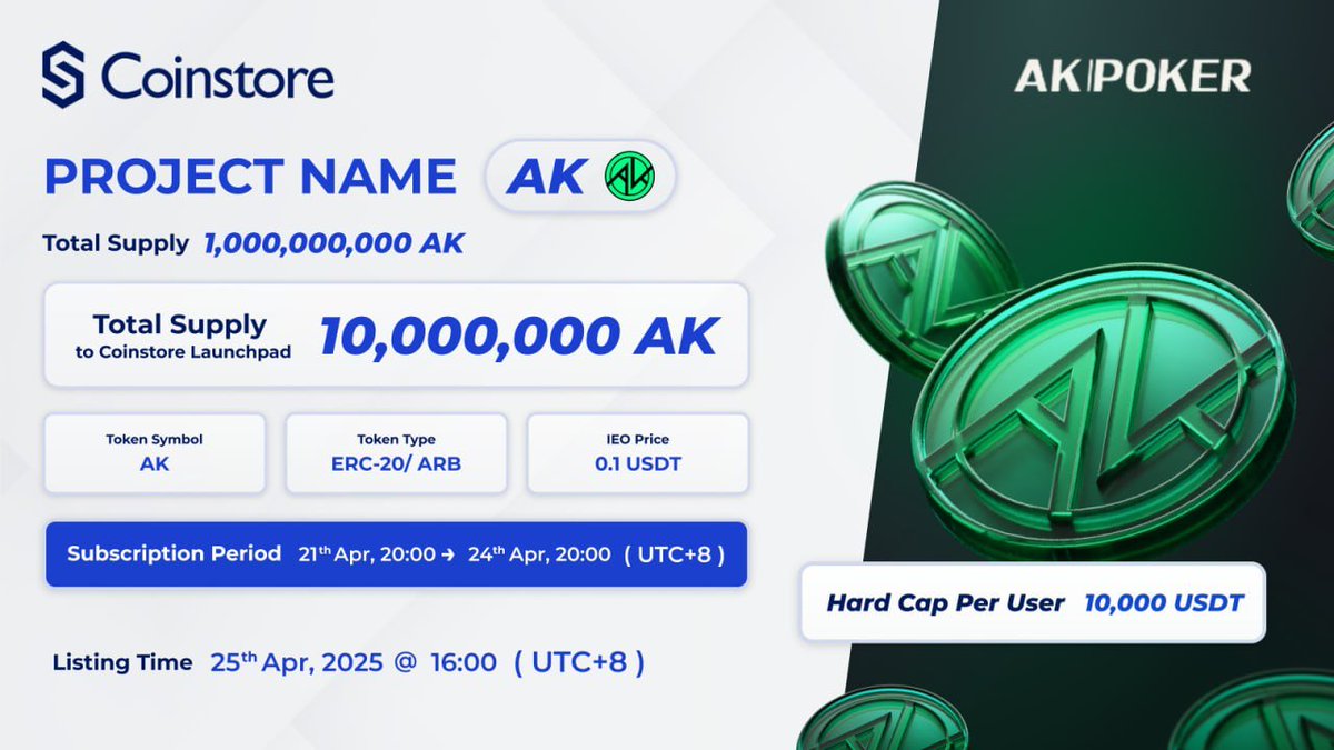 Coinstore (@coinstoreexc) on Twitter photo 🔥 $AK IEO on Coinstore Launchpad – Get Ready to Subscribe! 🔥
The highly anticipated IEO for AK POKER (<a href="/ak_web3poker/">AK POKER ♠️♥️</a>) is launching soon on Coinstore Launchpad | Startup!
🔹 Project Name: AK
🔹 Token Name: AK
🔹 Token Type: ERC-20 / ARB
🔹 Total Supply: 1,000,000,000 AK
🔹 🔥 $AK IEO on Coinstore Launchpad – Get Ready to Subscribe! 🔥
The highly anticipated IEO for AK POKER (<a href="/ak_web3poker/">AK POKER ♠️♥️</a>) is launching soon on Coinstore Launchpad | Startup!
🔹 Project Name: AK
🔹 Token Name: AK
🔹 Token Type: ERC-20 / ARB
🔹 Total Supply: 1,000,000,000 AK
🔹