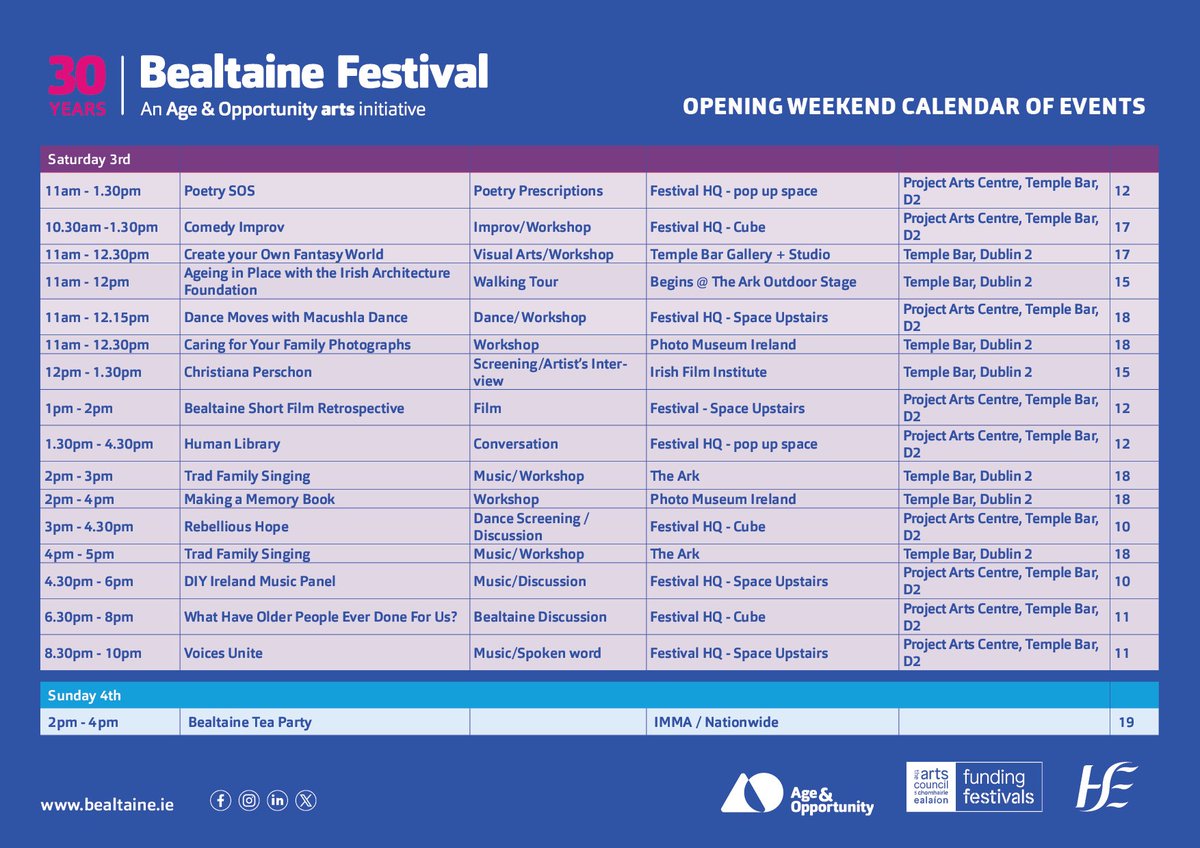 Bealtaine Festival (@bealtainefest) on Twitter photo The final day of our opening weekend, 3rd May, is not to be missed! Jammed with events from workshops in the morning, to a dizzying array of afternoon and evening activities! All in the Temple Bar Area.
Tickets selling fast on bealtaine.ie
@age_opp <a href="/artscouncil_ie/">The Arts Council / An Chomhairle Ealaíon</a> The final day of our opening weekend, 3rd May, is not to be missed! Jammed with events from workshops in the morning, to a dizzying array of afternoon and evening activities! All in the Temple Bar Area.
Tickets selling fast on bealtaine.ie
@age_opp <a href="/artscouncil_ie/">The Arts Council / An Chomhairle Ealaíon</a>