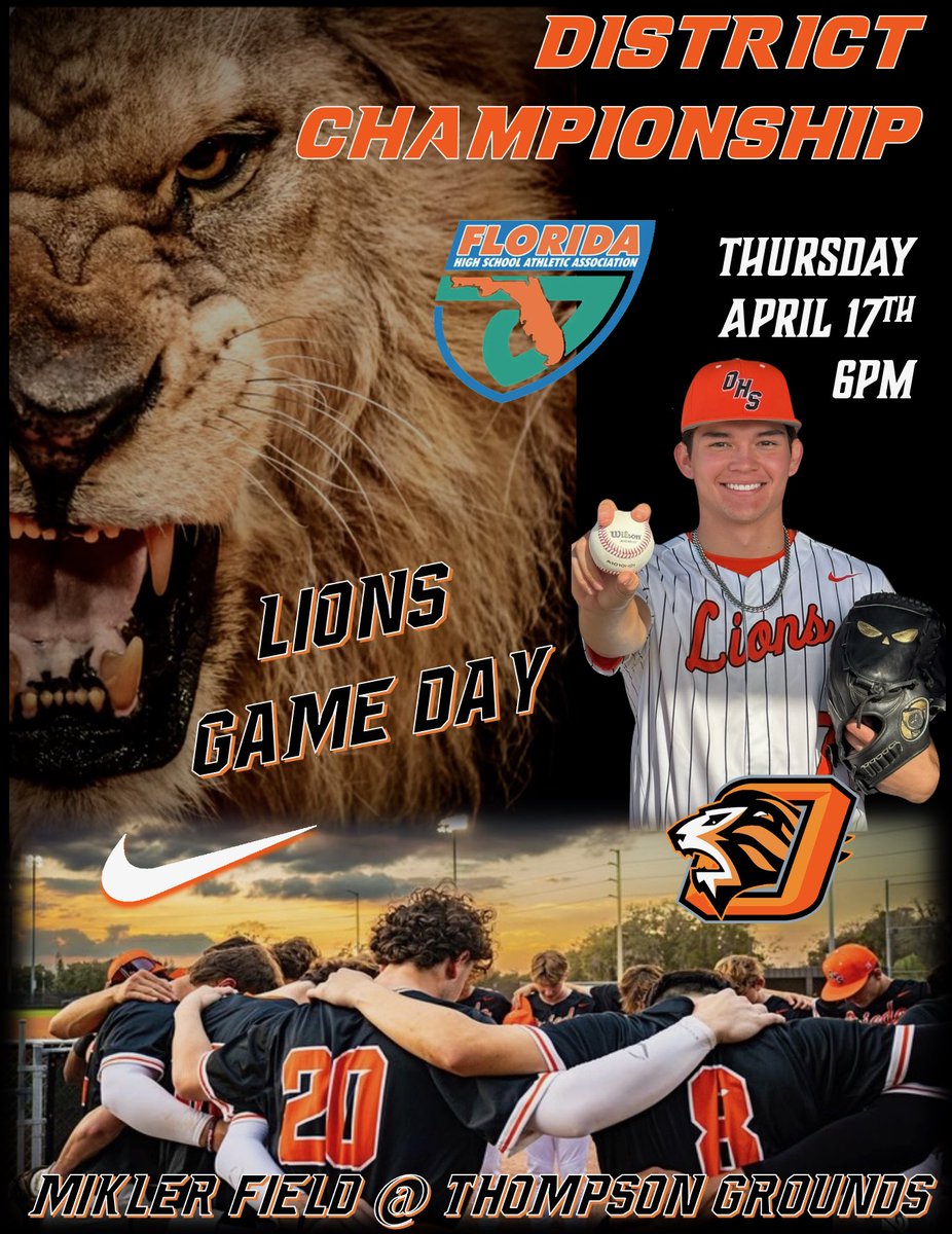 🚨GAME DAY🚨

-District Championship-
🆚 East River
📍 Oviedo, FL
🏟️ Mikler Field @ Thompson Grounds
⏰ 6pm
🎟️ GoFan.co

#GoLions