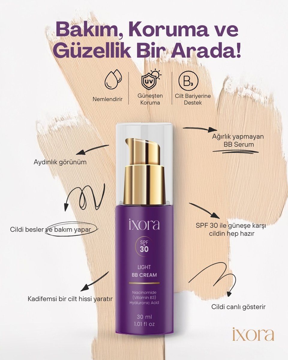 Makyaj yok gibi ama cildin ışıldıyor ✨
#ixora Light BB Cream SPF 30 ile hem bakım hem koruma elinin altında!

#ixoraIşıltısı #BBSerum #CiltBakımı

ixora.com.tr/urun/ixora-bb-…