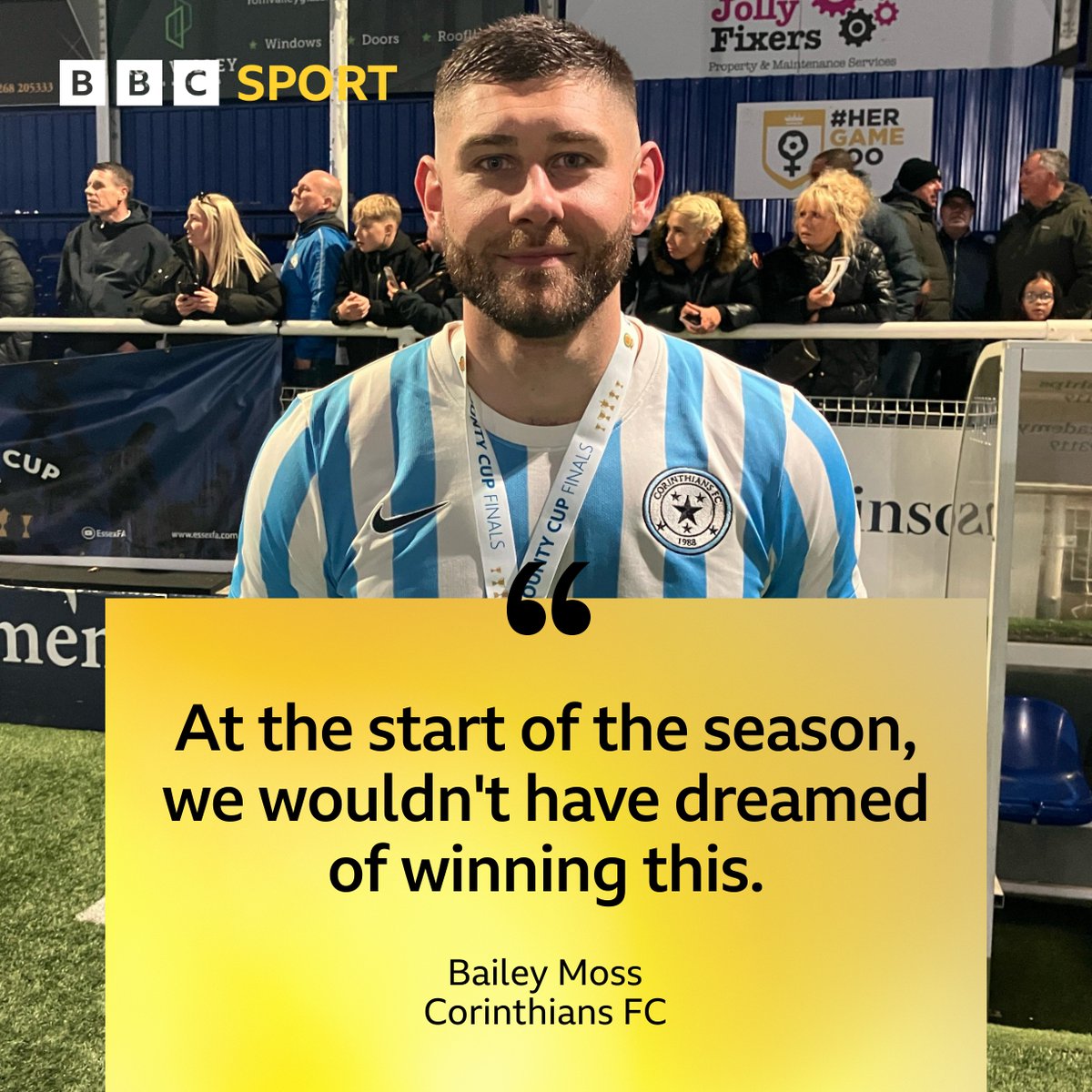 BBCEssexSport's tweet photo. LISTEN ⚽️

@_corinthiansf_c forward Bailey Moss had a hand in every goal in the @BBCEssex Saturday Premier Cup win over #Frenford Development, scoring two and setting up one. 

With 18 goals in 10 games, he is relishing being back with his former club.

https://t.co/Uy2gqMXyLH https://t.co/FaG7PBVwB3