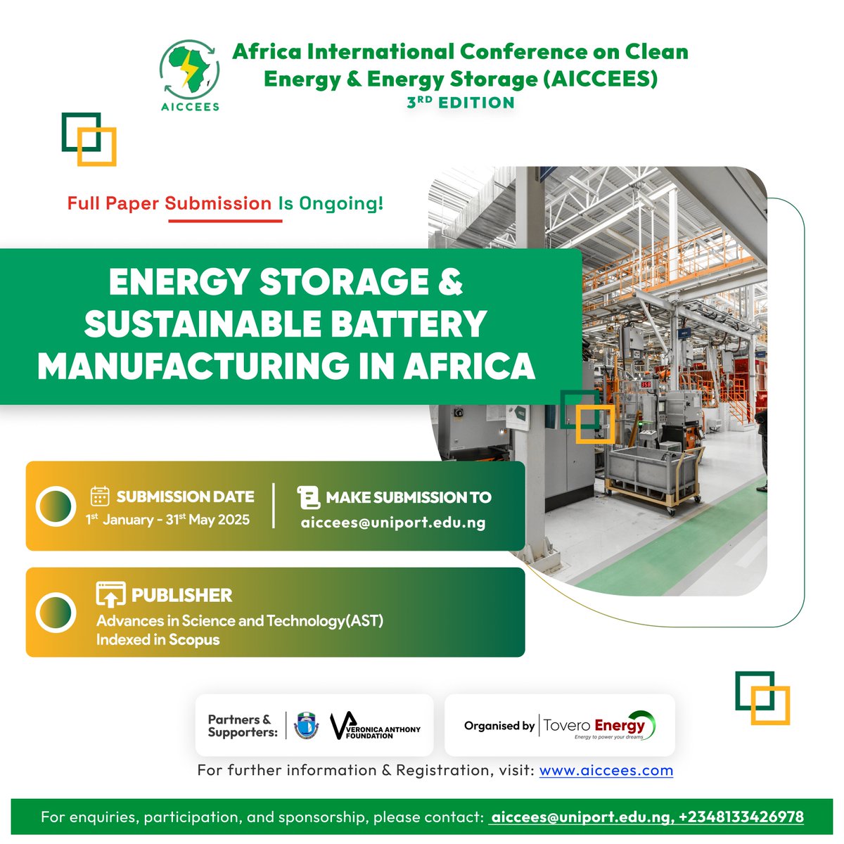 Tovero Energy (@toveroenergy) on Twitter photo โก #CallForPapers! Africaโs energy storage revolution needs YOUR research!
๐ข Submit to #AICCEES2025 on:
๐ Sustainable batteries
๐ Storage for renewables
โป๏ธ Circular economy solutions
๐
Deadline: 31 May 2025
๐ฉ aiccees@uniport.edu.ng
๐ aiccees.com
#EnergyStorage โก #CallForPapers! Africaโs energy storage revolution needs YOUR research!
๐ข Submit to #AICCEES2025 on:
๐ Sustainable batteries
๐ Storage for renewables
โป๏ธ Circular economy solutions
๐
Deadline: 31 May 2025
๐ฉ aiccees@uniport.edu.ng
๐ aiccees.com
#EnergyStorage