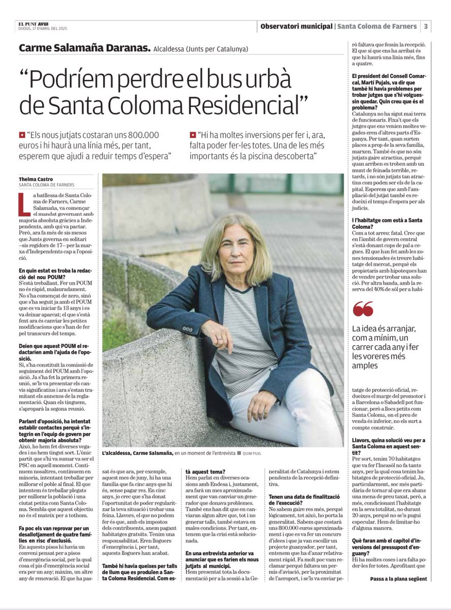 📰 PREMSA | Entrevista a Carme Salamaña (<a href="/CarmeSalamanya/">Carme S.</a>), alcaldessa de Santa Coloma de Farners, a <a href="/elpuntavui/">El Punt Avui 🎗️</a>:
“Podríem perdre el bus urbà de Santa Coloma Residencial.”

🗣️ “Hi ha moltes inversions per fer i, ara, falta poder fer-les totes. Una de les més importants és la