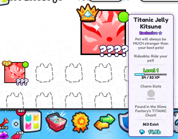 Finally got the titanic and huge Jelly Kitsune from chests by alts. 
#petsimulator99 #petsim99 
#titanicjellykitsune