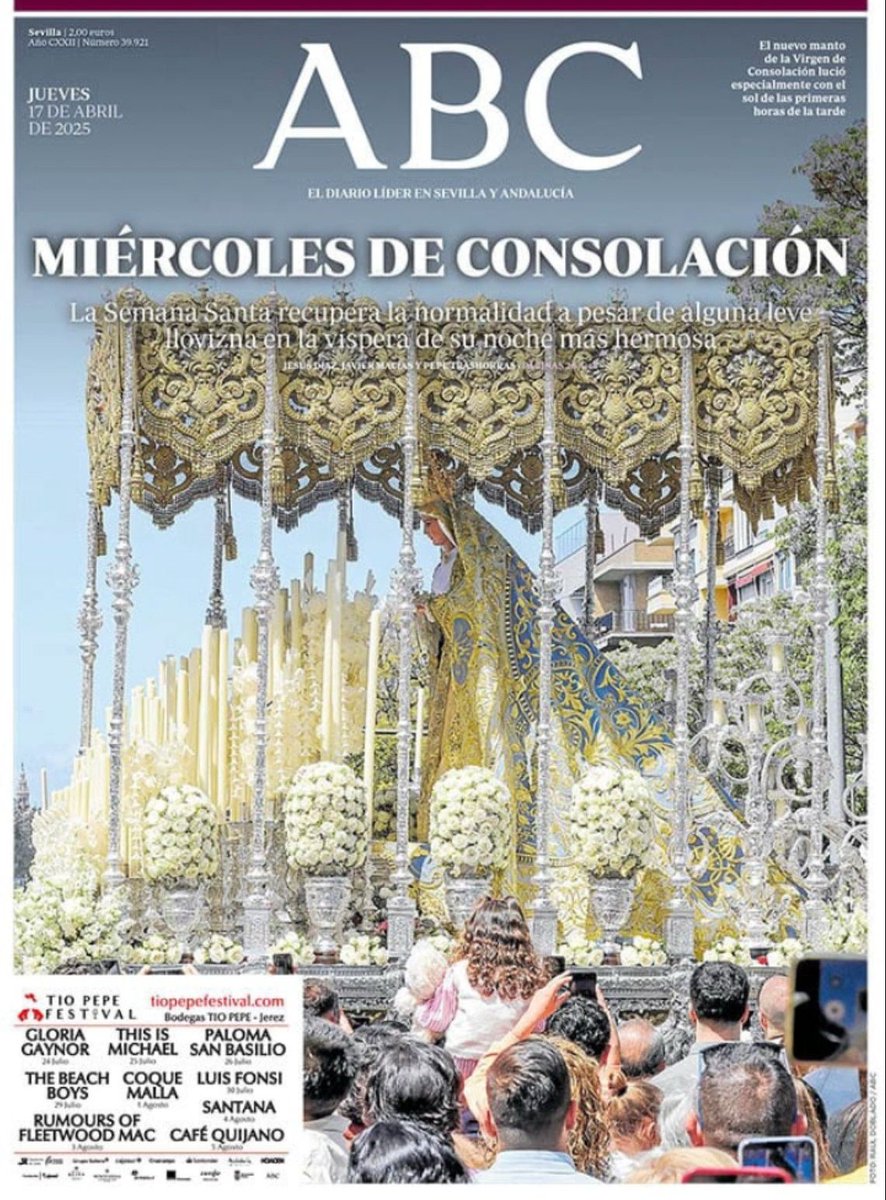 ¡Buenos días, hermanos!

Hoy nos despertamos con los pies cansados y con resaca emocional tras lo vivido en el día de ayer.

🗞️ Portada <a href="/abcdesevilla/">ABC de Sevilla</a> en este #JuevesSanto.

#SEDdeNervión25
#MiércolesSanto