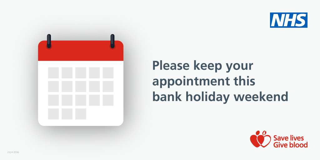 GiveBloodNHS's tweet image. ❤️ Remember to keep your appointment this bank holiday weekend!

Your blood donation will go towards saving or improving the lives of up to 3 people.