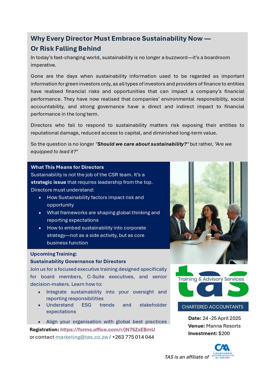 TAS_technical's tweet image. 🌍 Sustainability is no longer optional, it’s essential!

Learn how to lead confidently in a world where sustainability matters more than ever.
🗓 24–25 April 2025
📍 Manna Resorts
💰 Investment: $200
🔗 Register now: forms.office.com/r/jN76ZxEBmU
#Sustainability #Directors #Governance