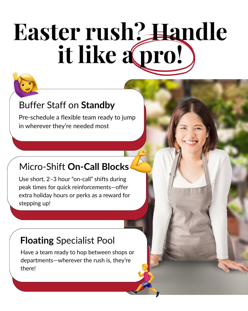 Easter rush around the corner? We've got you covered! 🐣

Holiday rushes can be chaotic. But with an optimised scheduling, your team stays happy and your customers leave smiling, even during the busiest times.

Try these stress-busters that other managers swear by:

- Keep a few