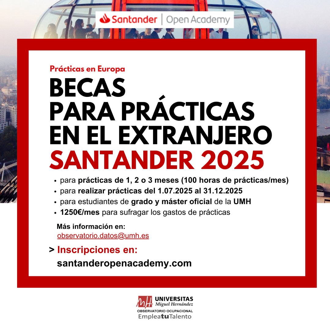 📢ATENCIÓN👦👧estudiante de grado o máster 
<a href="/universidadmh/">UMH</a>, sabes que..

¡¡EN BREVE se abre plazo para solicitar las #BECAS para #PRÁCTICAS en el EXTRANJERO #SANTANDER 2025" #Prácticas en Europa"!!

👉+ info:
✉ observatorio.datos@umh.es

💻 INSCRÍBETE en:
santanderopenacademy.com