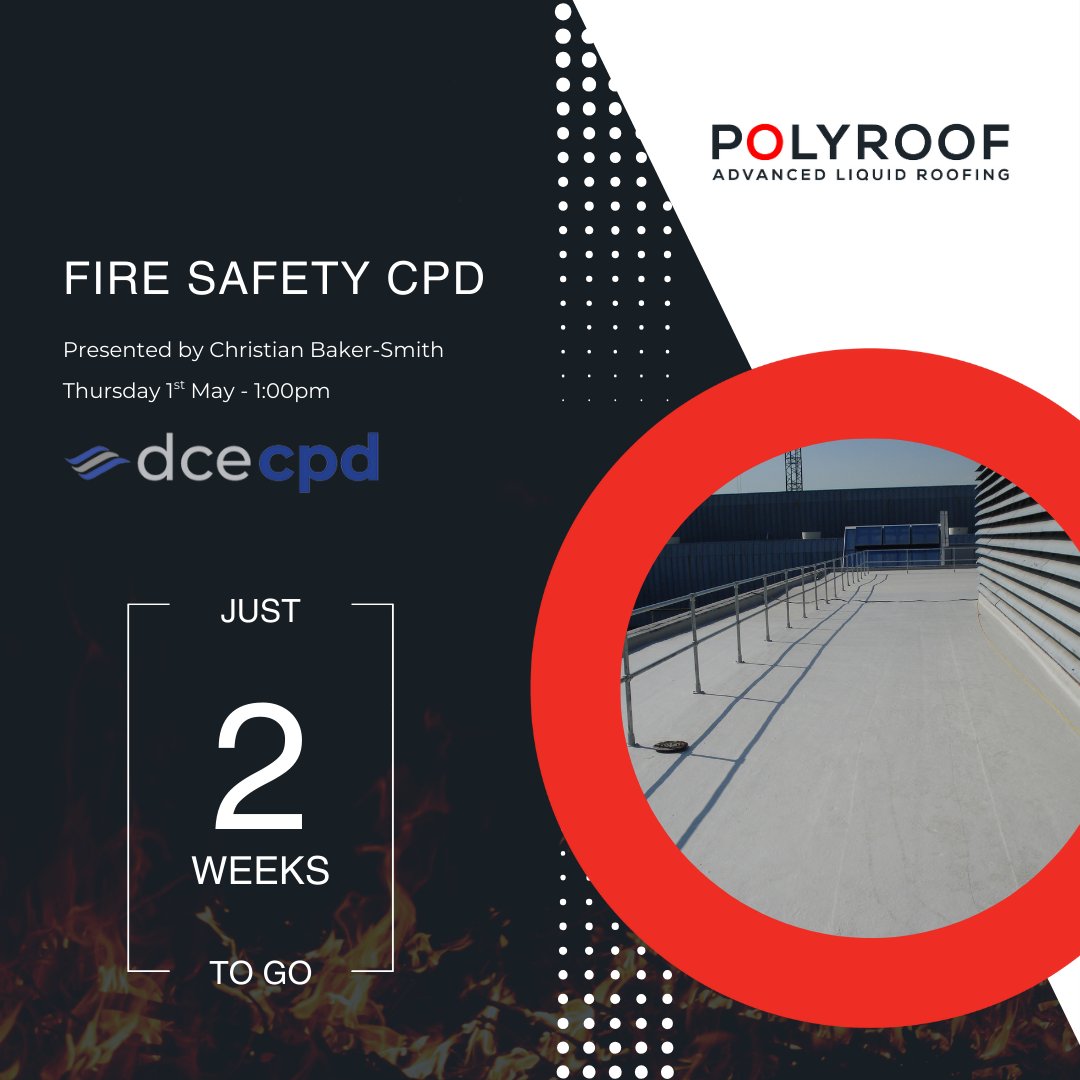 🚨𝟮 𝗪𝗲𝗲𝗸𝘀 𝗧𝗼 𝗚𝗼 🚨 

On Thursday 1st May, our National Specification Manager, Christian Baker-Smith will be presenting our Fire Safety CPD online in association with DCE.

⭕Register now: events.teams.microsoft.com/event/7dca2fb1…

#CPD #FlatRoofing #FireSafety #Polyroof