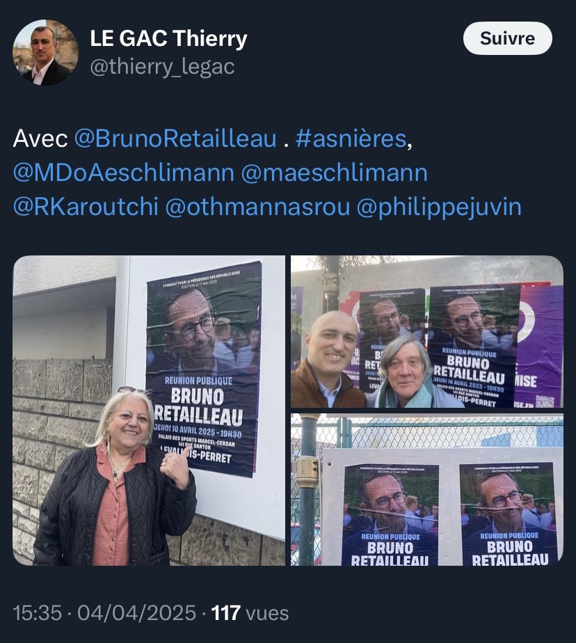 AsnieresEnCommu's tweet photo. Après l’accueil de Marion Maréchal Le Pen à #Asnieres, nous avons des élus locaux dont Mme Aeschlimann qui soutiennent le ministre du chaos @BrunoRetailleau, qui s’illustre régulièrement par des discours autoritaires, racistes et identitaires !

L’extrême droitisation continue ! https://t.co/yBLewhvY6a