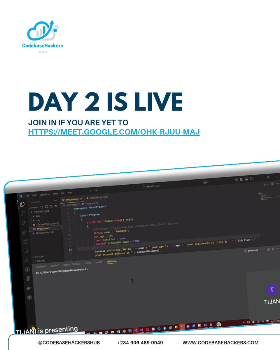 Codebasehackers's tweet image. Day 2 is LIVE!
Yesterday we covered:
What software development actually is
ASK (Attitude, Skill, Knowledge)
IDEs & SDKs explained
C# + .NET
Variables, data types & your first Hello World app
Today, we’re leveling up, more C#, more hands-on coding, and more confidence.
#CodeCamp