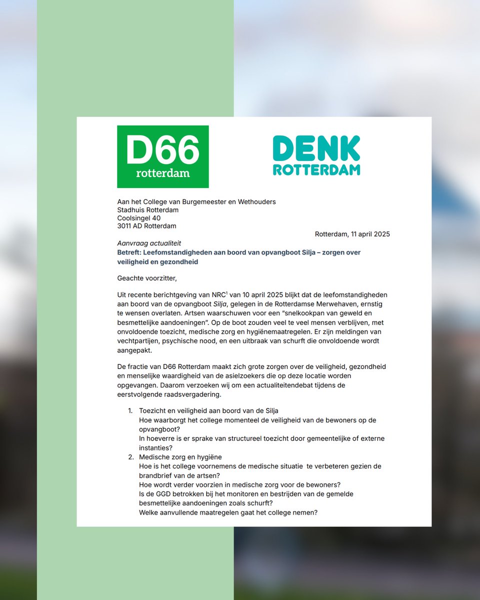D66 Rotterdam (@d66rotterdam) on Twitter photo De leefomstandigheden op opvangboot Silja zijn schokkend: overbevolking, gebrek aan zorg en een uitbraak van schurft.
Daarom vraagt <a href="/maassen_agnes/">AgnesMaassen</a> samen met <a href="/DENK_Rdam010/">Denk Rotterdam</a> een debat aan om dit snel te verbeteren. De leefomstandigheden op opvangboot Silja zijn schokkend: overbevolking, gebrek aan zorg en een uitbraak van schurft.
Daarom vraagt <a href="/maassen_agnes/">AgnesMaassen</a> samen met <a href="/DENK_Rdam010/">Denk Rotterdam</a> een debat aan om dit snel te verbeteren.
