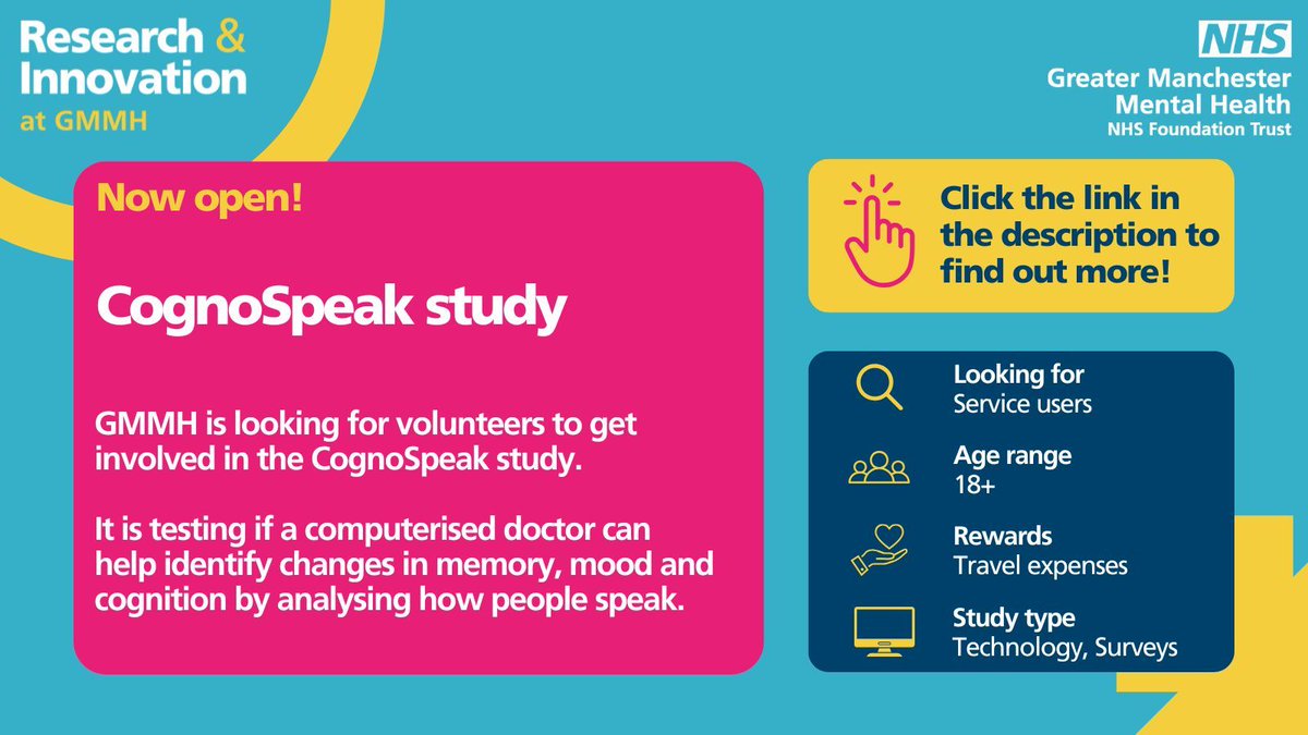 GMMH Research & Innovation (@gmmhresearch) on Twitter photo We are looking for volunteers to get involved in the CognoSpeak study to help improve the way we detect cognitive changes. Find out more by visiting buff.ly/H7UWtcX
#memory #cognition, #mentalhealthresearch #dementia #parkinsons <a href="/GMMH_NHS/">Greater Manchester Mental Health</a> <a href="/Cognospeak/">CognoSpeak</a> We are looking for volunteers to get involved in the CognoSpeak study to help improve the way we detect cognitive changes. Find out more by visiting buff.ly/H7UWtcX
#memory #cognition, #mentalhealthresearch #dementia #parkinsons <a href="/GMMH_NHS/">Greater Manchester Mental Health</a> <a href="/Cognospeak/">CognoSpeak</a>