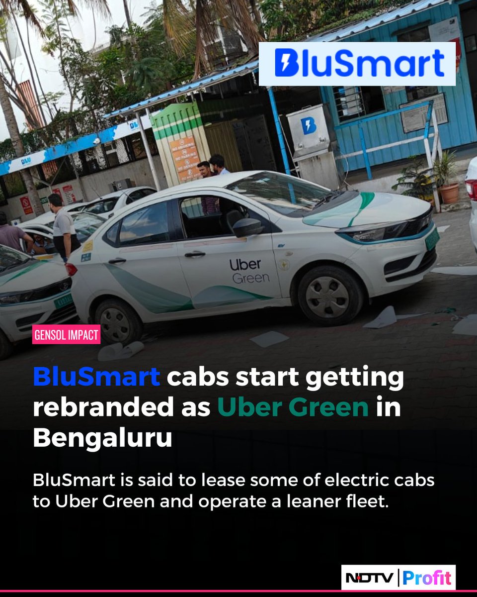 NDTVProfitIndia's tweet photo. #BluSmartMobility starts rebranding its electric cabs as #UberGreen in Bengaluru, in the aftermath of the #Gensol fraud.
Read @tds19 & @Haripriaa's report: https://t.co/0KdgmzFNWV https://t.co/oQ5U2kA4f5