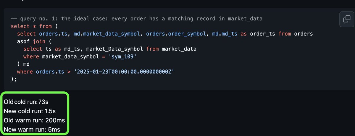 QuestDb's tweet image. QuestDB 8.3 is out 🚢
Materialized Views → default (advanced beta)
Small transactions → handled smoothly
ASOF JOIN → up to 100x faster

Release notes on GitHub
#questdb #asofjoin #materializedviews