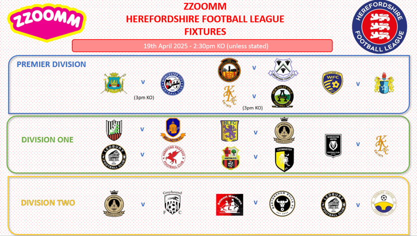 HerefordshireFL's tweet photo. FIXTURES 19/4/25 👀👇

Easter Football in the @zzoommfullfibre HFL!
🏆Presentations for @AlcesterTownFC
⚽️Tight match predicted as 3rd @NewDalesValeFC travel to 5th @KingtonTownFC
⚽️Potential title decider in Div 1 @HolmeLacy v @AFCWorc
⚽️@GreyhoundFC24 look to pull away in Div 2 https://t.co/sygW3h6RB0