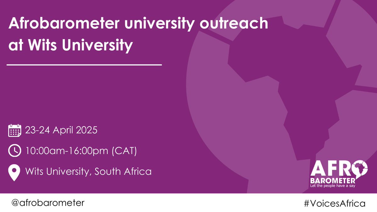 Afrobarometer (@afrobarometer) on Twitter photo The Afrobarometer Capacity Building Team will be hosting a two-day workshop for Political Science students at <a href="/WitsUniversity/">Wits University</a> next week.
The workshop is aimed at introducing the students to our data collection methodology and how to access and utilise our data effectively. The Afrobarometer Capacity Building Team will be hosting a two-day workshop for Political Science students at <a href="/WitsUniversity/">Wits University</a> next week.
The workshop is aimed at introducing the students to our data collection methodology and how to access and utilise our data effectively.