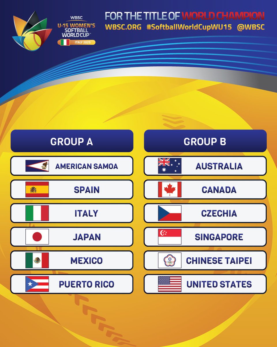 🥎🏆 Groups unveiled for WBSC U-15 Women's Softball World Cup as Singapore 🇸🇬 complete 12-team lineup.

#SoftballWorldCupWU15

🔗wbsc.org/en/events/2025…