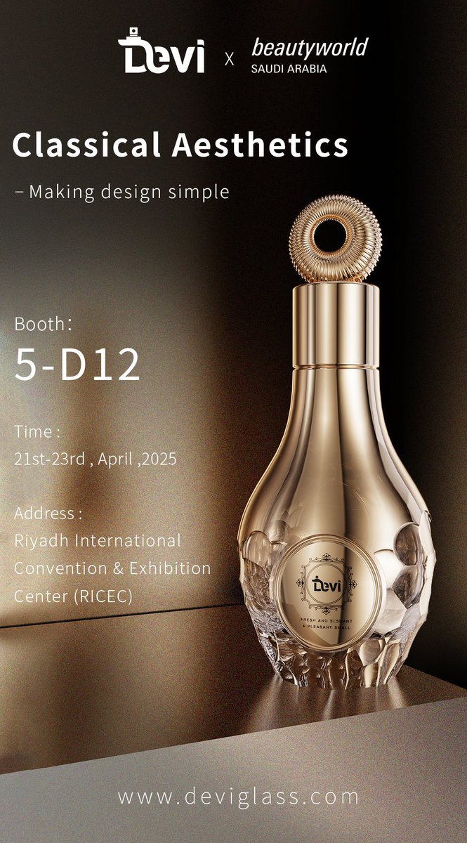 BottleDevi's tweet image. Step into the world of originality!

Let your fragrance tell its story through our design.

Every curve embodies luxury, and every detail is unparalleled.

Welcome to booth 5-D12.

We create not just a perfume package, but a piece of art.

#deviglass
#beautyworld
#Riyadh