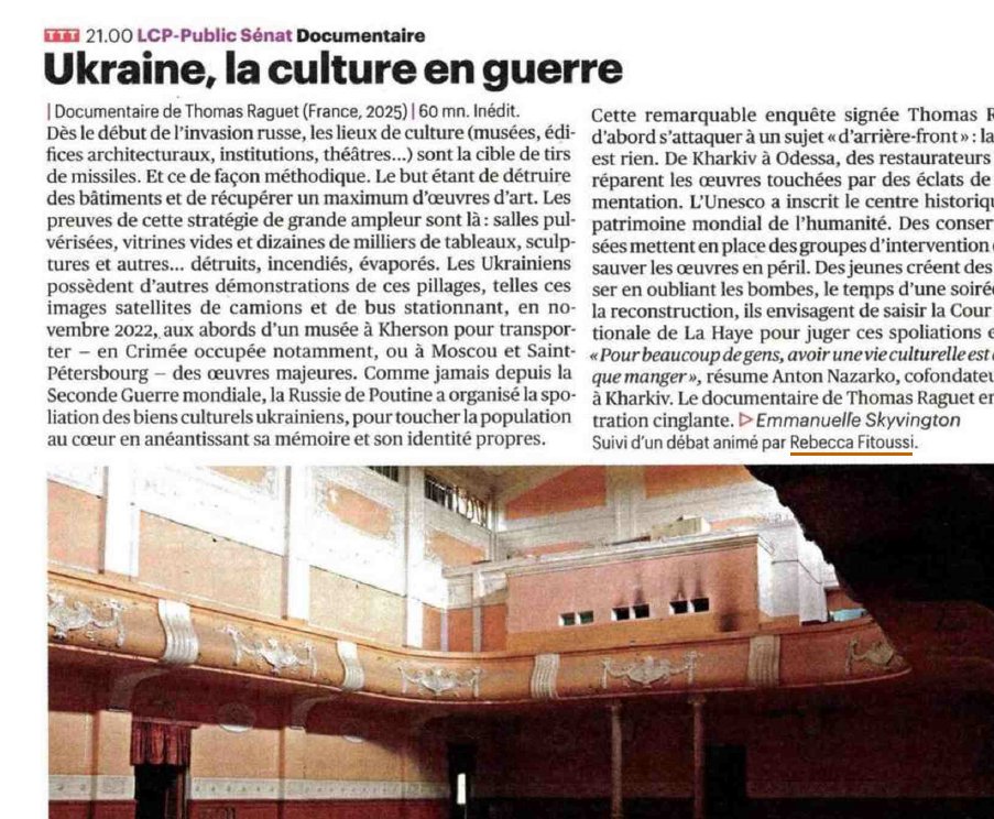 📰🗞️#LaPresseEnParle

"'Ukraine, la culture en guerre", produit par <a href="/AuTableauProd/">AuTableauProductions</a>, réalisé par Thomas Raguet

A voir ce samedi à 21h sur <a href="/publicsenat/">Public Sénat</a> !
@LaVieHebdo <a href="/Telestarmag/">TéléStar</a> <a href="/teleobs/">TéléObs.com</a> <a href="/Telerama/">Télérama</a>