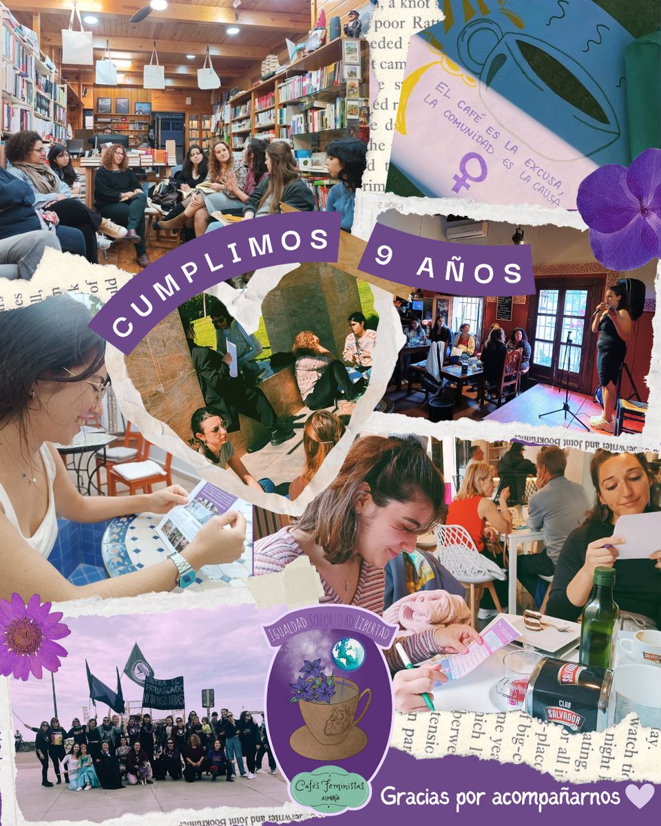 ¡Cafés Feministas Almería cumple 9 años! ✨☕

🫶 Cada encuentro ha sido posible gracias al apoyo y la participación de todas las personas que nos acompañáis. 

Gracias por ser disisencia, gracias por resistir juntas 💜
