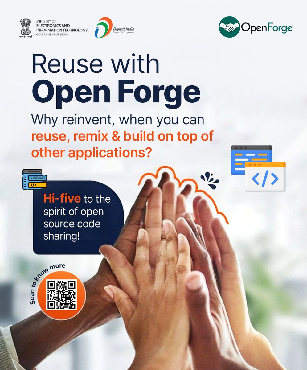 GoI_MeitY's tweet image. 💡 Why start from scratch when you can reuse, remix & rebuild smarter? Join the community of creators on #OpenForge and accelerate your innovation journey!
🚀 Collaboration starts here
👉 openforge.gov.in
#DigitalIndia #CodeSmart #OpenSource