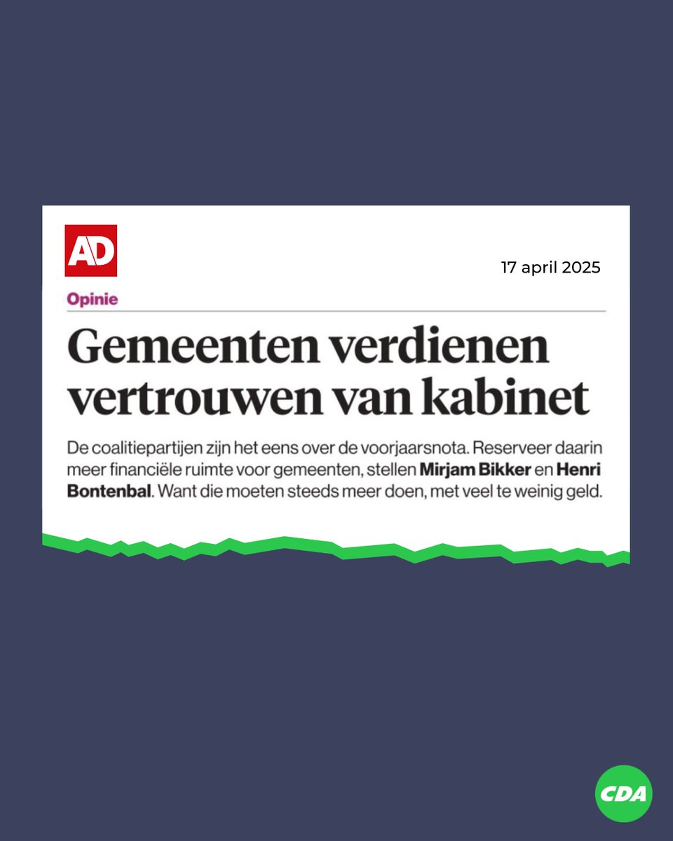 ''Gemeenten verdienen duidelijke afspraken én een eerlijke betaling voor hun werk. Als het kabinet iets belooft, moet het zich daaraan houden.''

- <a href="/HenriBontenbal/">Henri Bontenbal</a> en CU-leider <a href="/mirjambikker/">Mirjam Bikker</a> vandaag in het <a href="/ADnl/">AD.nl</a>. 

🔗 ad.nl/opinie/opinie-…