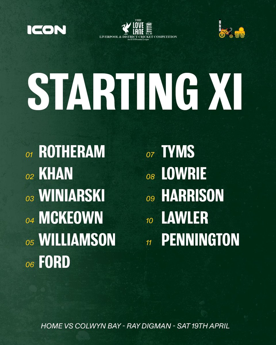 Rainhill CC (@rainhillcric) on Twitter photo 🟢 𝗧𝗘𝗔𝗠 𝗡𝗘𝗪𝗦 🟢
XI | Rotheram, Khan, Winiarski, McKeown, Williamson, Ford, Tyms, Lowrie, Harrison, Lawler, Pennington.
Home vs <a href="/ColwynBayCC/">Colwyn Bay Cricket Club</a> | 12:00pm Start | Ray Digman Trophy 🟢 𝗧𝗘𝗔𝗠 𝗡𝗘𝗪𝗦 🟢
XI | Rotheram, Khan, Winiarski, McKeown, Williamson, Ford, Tyms, Lowrie, Harrison, Lawler, Pennington.
Home vs <a href="/ColwynBayCC/">Colwyn Bay Cricket Club</a> | 12:00pm Start | Ray Digman Trophy