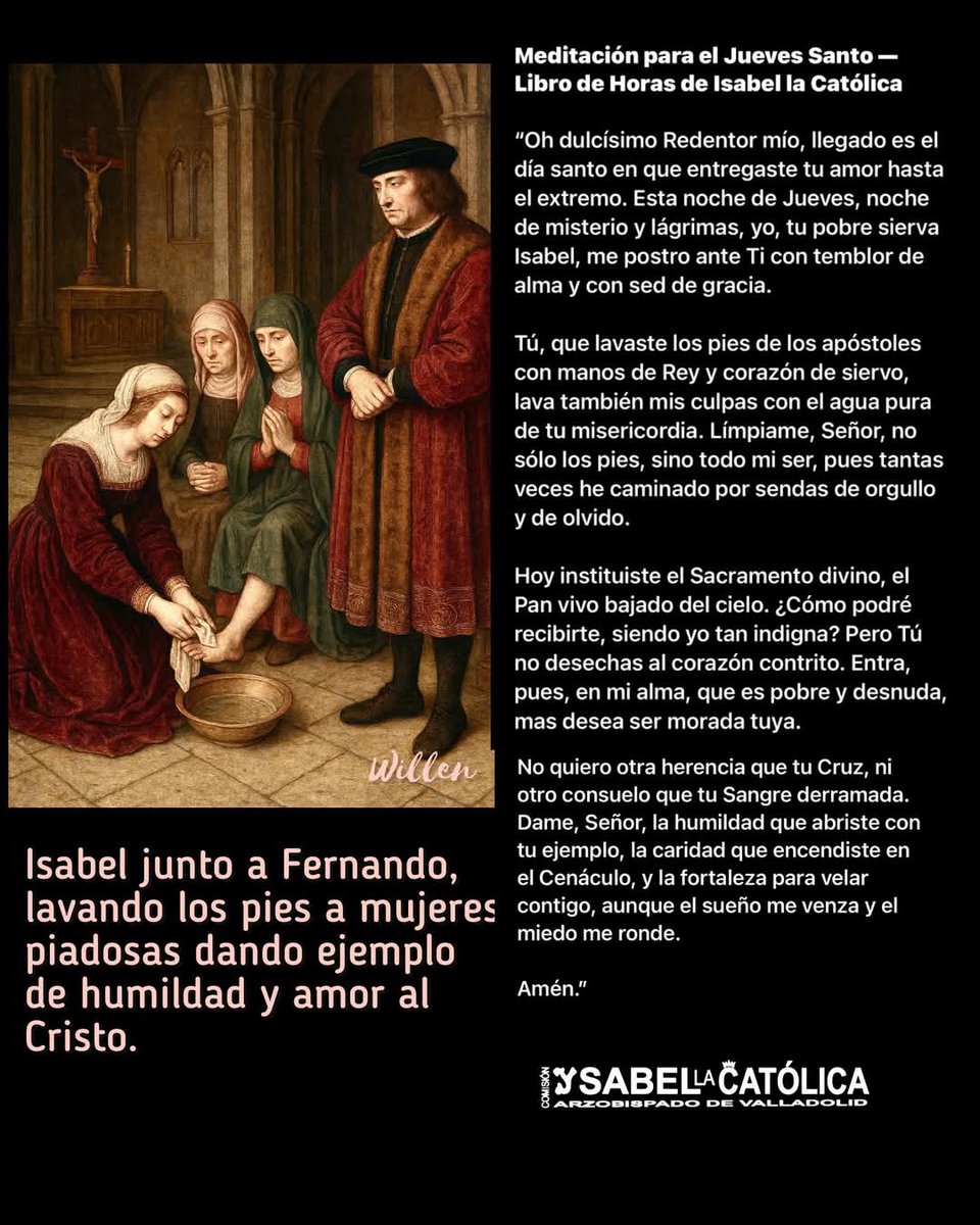 Asocenraizados's tweet photo. 📖 Os dejamos esta meditación para el Jueves Santo - Libro de Horas de Isabel la Católica

🙏 Isabel y Fernando lavando los pies a mujeres piadosas dando ejemplo de humildad y amor al Cristo

#JuevesSanto 

✝️ #IsabelLaCatolica 🇪🇦 https://t.co/clFLETq5IY
