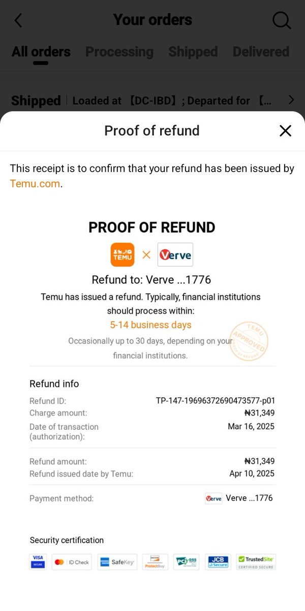 moshmonny's tweet photo. @OPay_NG @withmelstein Please refund my  money to my card as TEMU has refunded since. Please treat!! https://t.co/z3nm7QdyI9