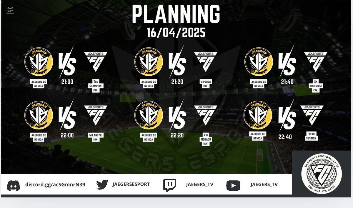 Jaegers De Novida (@jaegersdenovida) on Twitter photo Voici Notre programme de ce soir et la composition d'équipe nous serons en live sur twitch à partir de 20h50-21h😉
Lien twitch 👾 : m.twitch.tv/jaegersdenovid…
<a href="/JaegersEsport/">Jaegers Esport</a> <a href="/easportsfcfr/">EA SPORTS FC France</a> Voici Notre programme de ce soir et la composition d'équipe nous serons en live sur twitch à partir de 20h50-21h😉
Lien twitch 👾 : m.twitch.tv/jaegersdenovid…
<a href="/JaegersEsport/">Jaegers Esport</a> <a href="/easportsfcfr/">EA SPORTS FC France</a>