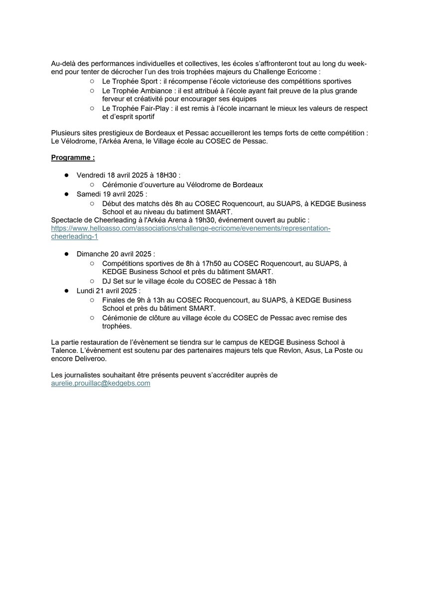 KEDGE Business School (@kedgebs) on Twitter photo #CommuniquéDePresse 📖 | J-1 avant le <a href="/challecricome/">Challenge Ecricome</a> (<a href="/ecricome/">Concours Ecricome</a>) 2025, 3ème plus grand événement sportif étudiant, organisé par une association de KEDGE Business School, qui aura lieu à Bordeaux du 18 au 21 avril 2025. #CommuniquéDePresse 📖 | J-1 avant le <a href="/challecricome/">Challenge Ecricome</a> (<a href="/ecricome/">Concours Ecricome</a>) 2025, 3ème plus grand événement sportif étudiant, organisé par une association de KEDGE Business School, qui aura lieu à Bordeaux du 18 au 21 avril 2025.