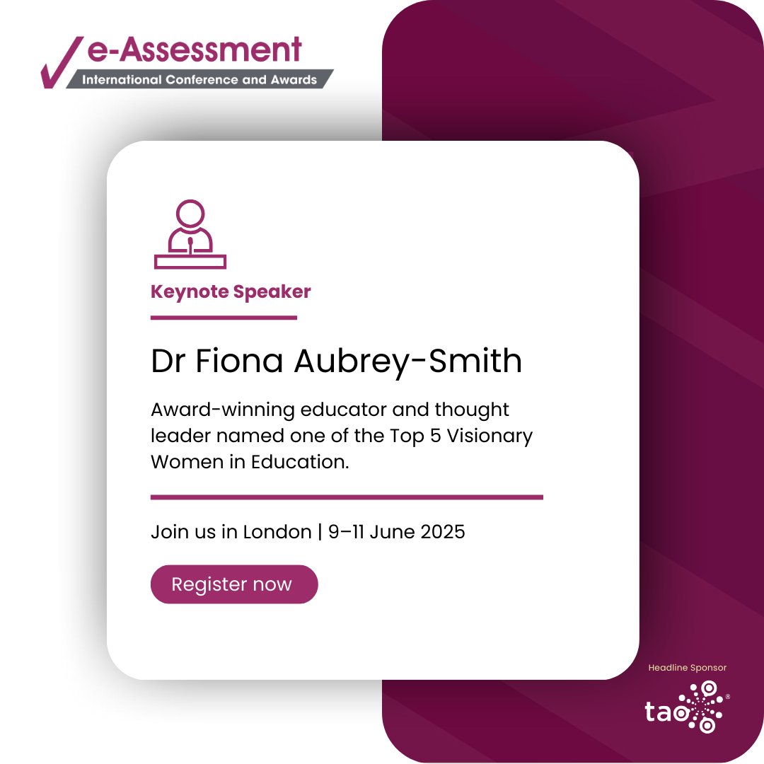 The eAssessment Association (@eassess) on Twitter photo Dr Fiona Aubrey-Smith joins #eAssessment2025!
One of the Top 5 Visionary Women in Education, bringing cutting-edge perspectives to our stage.
Thanks to our headline sponsor <a href="/TAOTesting/">Open Assessment Technologies</a>
#DigitalEducation #WomenEdTech Dr Fiona Aubrey-Smith joins #eAssessment2025!
One of the Top 5 Visionary Women in Education, bringing cutting-edge perspectives to our stage.
Thanks to our headline sponsor <a href="/TAOTesting/">Open Assessment Technologies</a>
#DigitalEducation #WomenEdTech