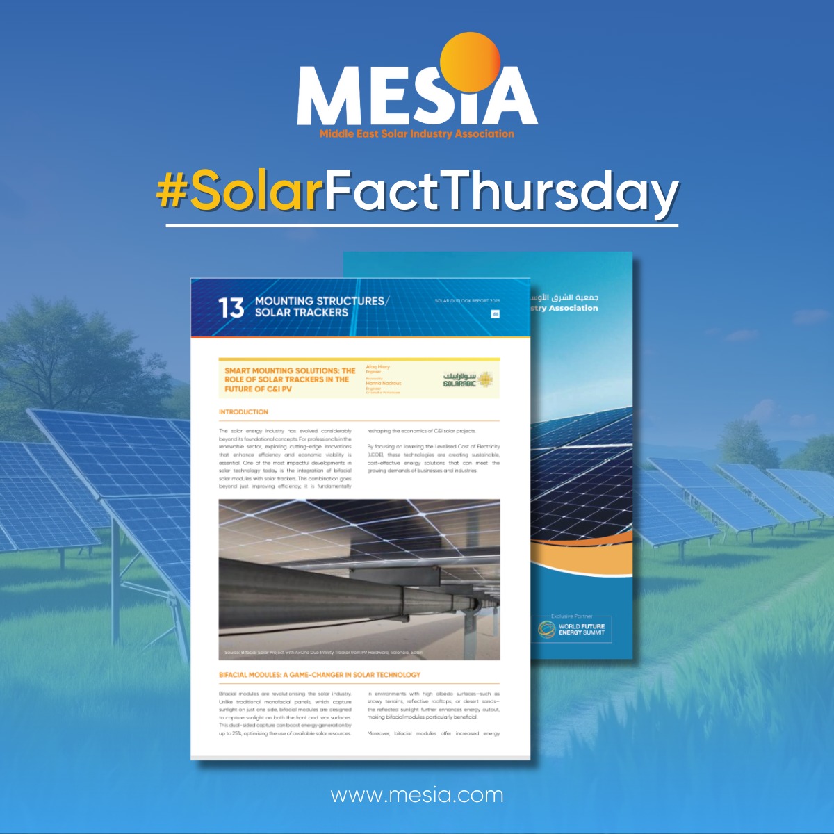 Did you know? 
☀ Bifacial solar panels can generate up to 25% more energy by capturing sunlight from both sides—perfect for high-albedo zones like deserts!
Ready for smarter solar?

🔗 MESIA Solar Outlook Report 2025: ow.ly/oh3950VCc3w
#SolarFuture #MESIAInsights