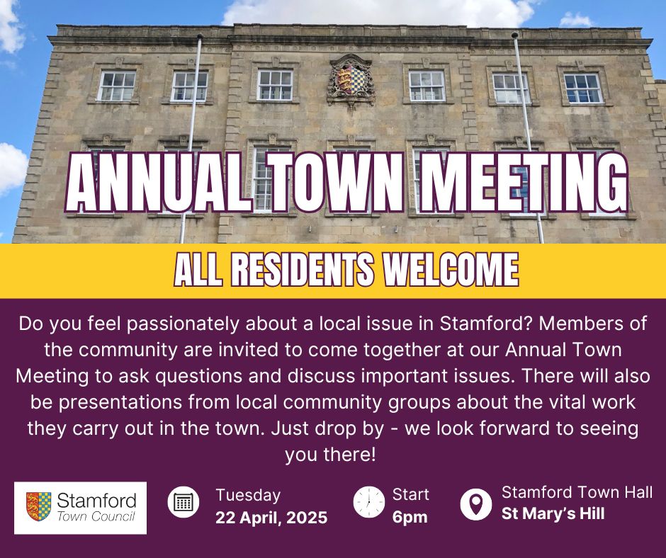 Our Annual Town Meeting is taking place on April 22nd at 6pm. This community meeting is open to residents of Stamford Parish with a dedicated public session allowing you to comment on any matter relating to Stamford. 

Join us at the Town Hall - just drop by on the night.