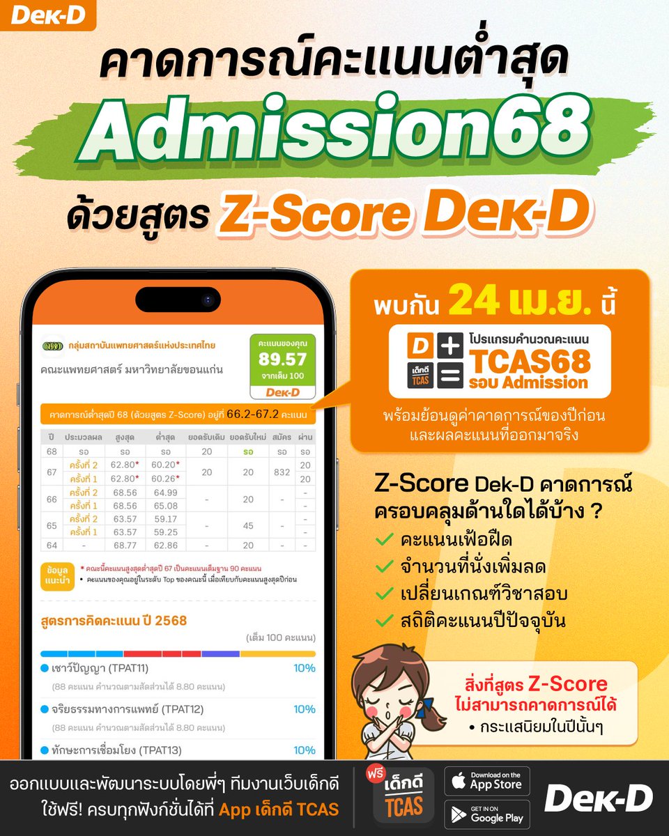 ปุ่มคาดการณ์คะแนนต่ำสุด Admission ปี 68 ด้วยสูตร Z-Score เว็บ Dek-D จะขึ้นในโปรแกรมคำนวณ 24 เม.ย.นี้ครับ เพื่อเป็นหนึ่งในข้อมูลให้น้องๆ ใช้จัด 10 อันดับปีนี้ #dek68 
.
สูตร Z-Score Dek-D ครอบคลุมเรื่องอะไรบ้าง ?
-คะแนนเฟ้อฝืด
-จำนวนที่นั่งเพิ่มลด
-เปลี่ยนเกณฑ์วิชาสอบ