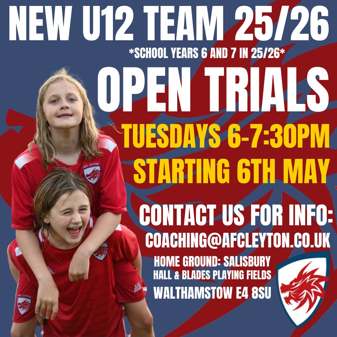 Open trials for a new U12s team for the 25/26 season (school years 6 and 7 in the 25/26 season). Trials are Tuesdays 6-7:30 pm starting 22nd April.

please contact coaching@afcleyton.co.uk

#afcleyton #youthfootballtrials #girlsfootball #girlsfootballtrials