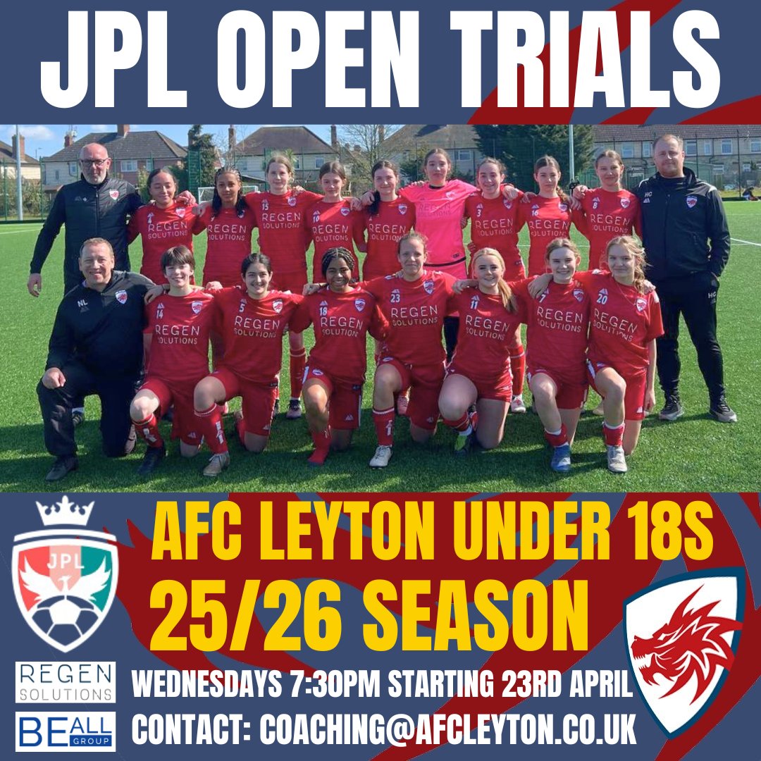 Open trials for our league winning JPL team going into U18 age group for the 25/26 season. Wednesdays at 7:30pm beginning 23rd April. Please contact coaching@afcleyton.co.uk 

#jplwarriors #jpltrials #girlsfootballtrials #afcleyton #afcleytonclub