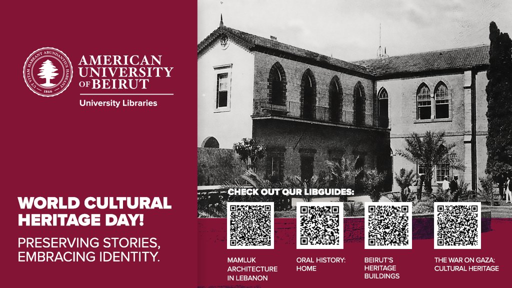 AUB Libraries (@aublibraries) on Twitter photo Happy World Cultural Heritage Day!
Explore AUB Libraries' LibGuides:
๐๏ธ Mamluk Architecture
๐ Beirut Buildings
๐ฃ๏ธ Oral History
๐ Gazaโs Cultural Heritage
Scan the QR codes to access them
New Lebanese heritage guide coming soon!
<a href="/AUB_Lebanon/">American University of Beirut</a> #WorldHeritageDay #LibGuides Happy World Cultural Heritage Day!
Explore AUB Libraries' LibGuides:
๐๏ธ Mamluk Architecture
๐ Beirut Buildings
๐ฃ๏ธ Oral History
๐ Gazaโs Cultural Heritage
Scan the QR codes to access them
New Lebanese heritage guide coming soon!
<a href="/AUB_Lebanon/">American University of Beirut</a> #WorldHeritageDay #LibGuides