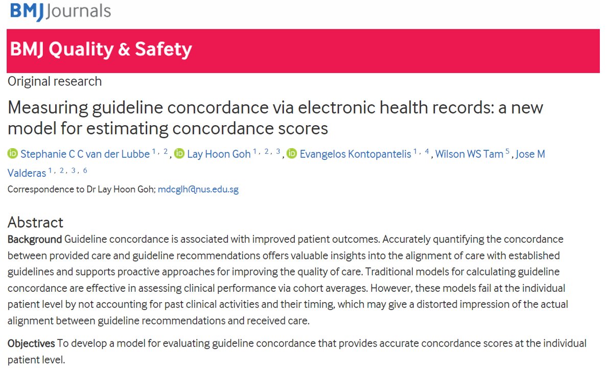 NUS Family Medicine (@famednusg) on Twitter photo Check out our new paper in <a href="/BMJ_Qual_Saf/">BMJ Quality & Safety</a>! We developed a patient-centred model to calculate how well care aligns with clinical guidelines, producing accurate concordance scores for individual patients.
DOI: 10.1136/bmjqs-2025-018494
Link to GitHub github.com/stephanievdl/g⦠Check out our new paper in <a href="/BMJ_Qual_Saf/">BMJ Quality & Safety</a>! We developed a patient-centred model to calculate how well care aligns with clinical guidelines, producing accurate concordance scores for individual patients.
DOI: 10.1136/bmjqs-2025-018494
Link to GitHub github.com/stephanievdl/gβ¦