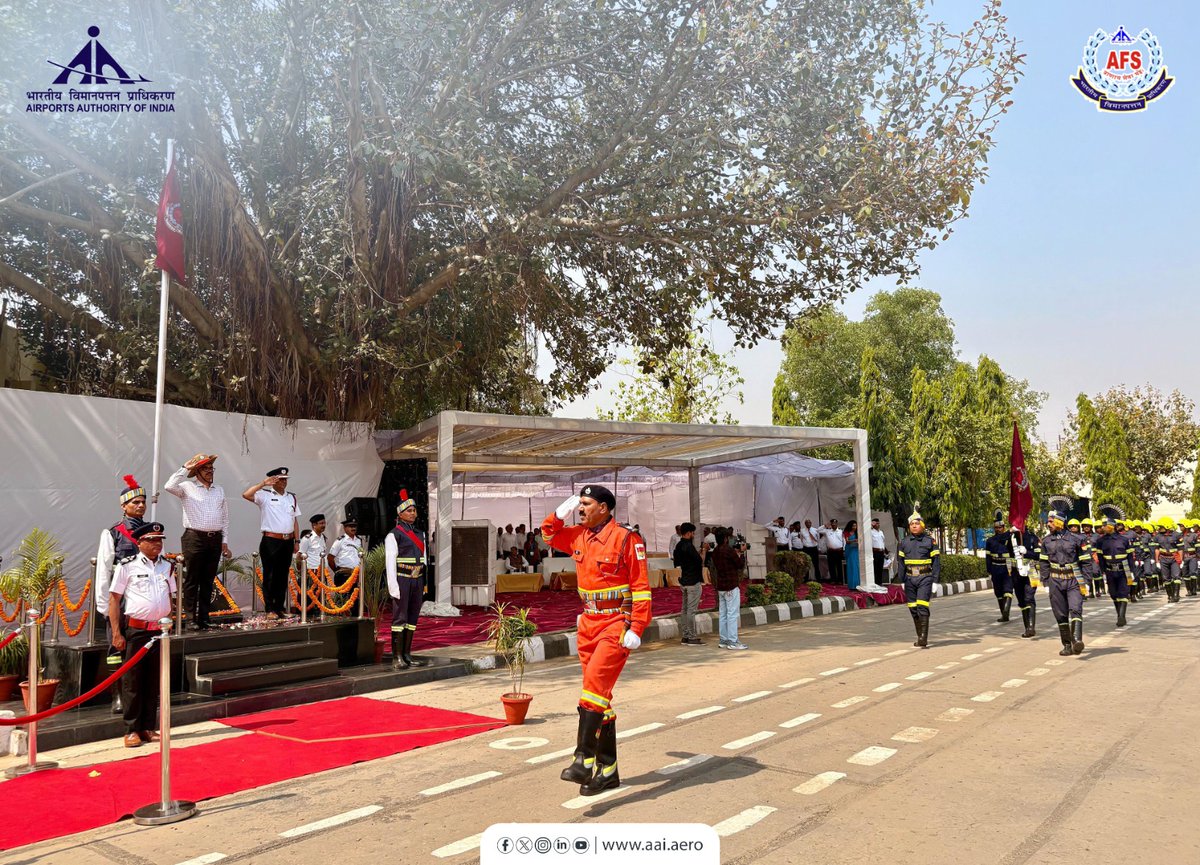 AAI_Official's tweet photo. Today, as part of the ongoing observance of Fire Service Week #FSW2025, an event was held at #AAI’s Fire Training Centre in #NewDelhi where the Airport Fire Service Flag hoisted by Sh. @vipinkumarIAS, Chairman #AAI, followed by a ceremonial Guard of Honour, Parade Inspection and a #MarchPast, celebrating the unwavering spirit and discipline of #AAI’s Fire Service Personnel.