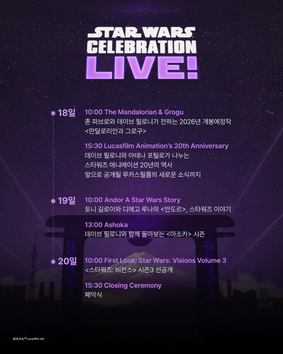 스타워즈 코리아 <스타워즈 셀레브레이션 2025> 주요 스케줄 (※시간 이미지 참고) 🌟4월 18일(금): 2026년 개봉 <만달로리안과 그로구>, 스타워즈...