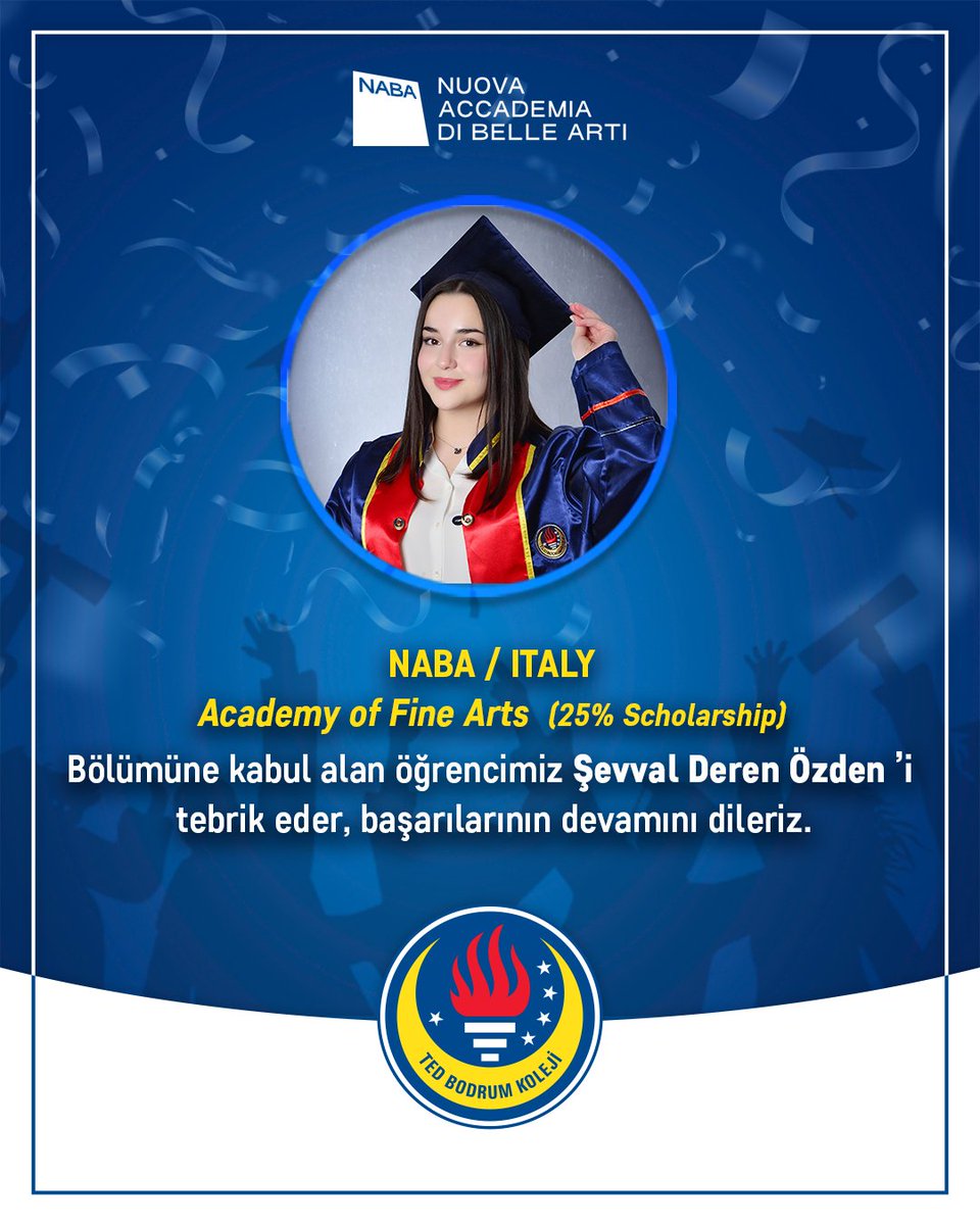 TEDBODRUM's tweet image. Öğrencimiz Şevval Deren Özden, İtalya'nın köklü sanat akademilerinden Nuova Accademia di Belle Arti (NABA)'nın Academy of Fine Arts (Güzel Sanatlar Akademisi) bölümüne %25 burs ile kabul edilmiştir. 
#TEDBodrumKoleji
#GururTablomuz
#NABA
#AcademyOfFineArts
#GlobalCitizens