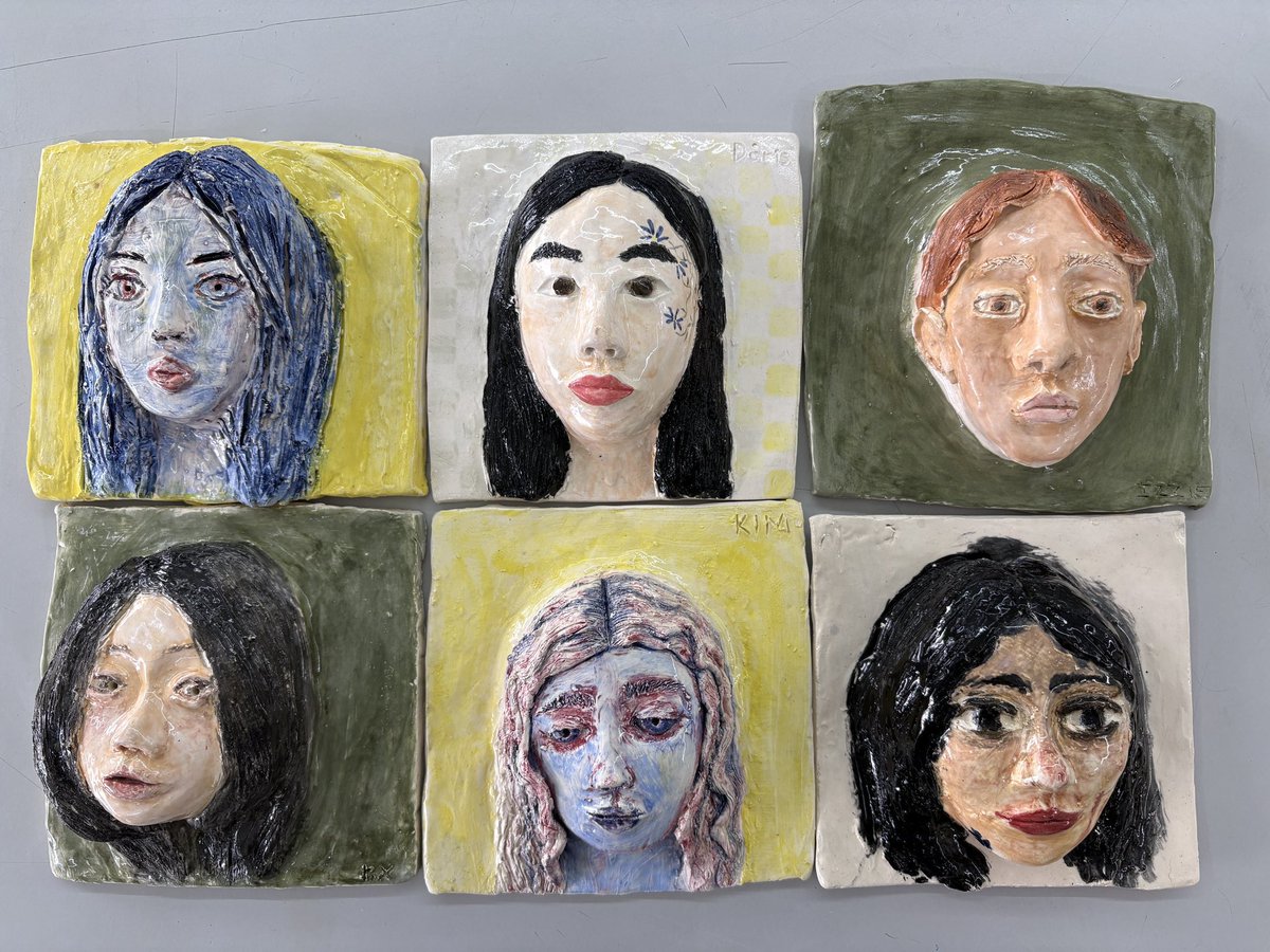 year10 ceramic self portraits fresh from a glaze firing #arted #artsed #highschoolart #ArtTeacher #happyartteacher #artlearning #mediaexploration #StudentsofGIS #GISLearning