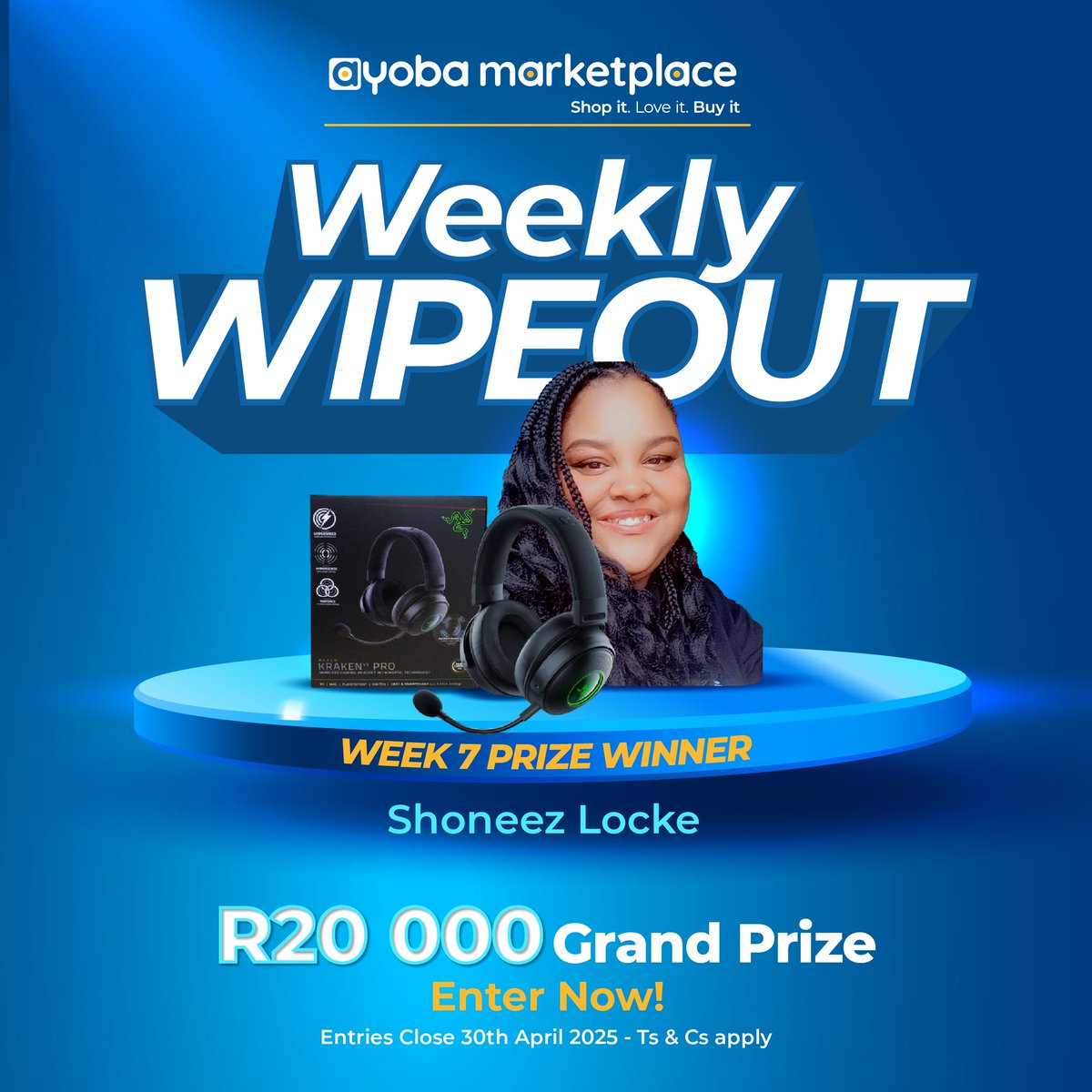 Shoneez Locke just won a Razer Kraken V3 Pro Gaming Headset in Week 7 of #WeeklyWipeout! 🎧

💥 Next up: R20,000 cash!

Enter now 👉 shop.ayoba.me/landing-page?u…

#AyobaMarketplace #ShopAndWin #MadeInAfricaForTheWorld
