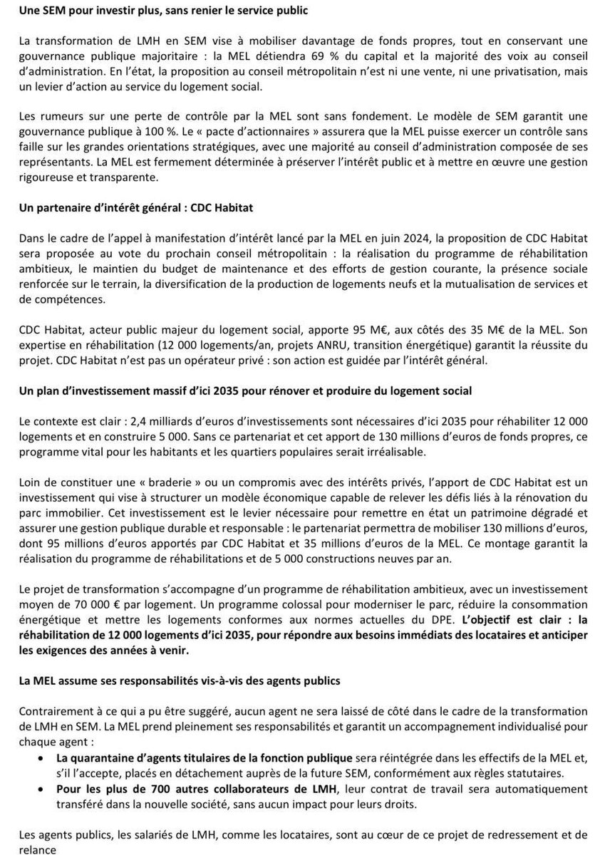 Damien Castelain (@damiencastelain) on Twitter photo Pour l’avenir du parc social, la <a href="/MetropoleLille/">Métropole Européenne de Lille</a> crée sa 5e SEM avec <a href="/LMH_officiel/">Lille Métropole Habitat</a>.
Pas une privatisation : une alliance d’intérêt général pour un projet social et écologique.
➡️ 12 000 logements rénovés et 5 000 construits
➡️ 2 Mds€ investis
➡️ Gouvernance publique à 69 % Pour l’avenir du parc social, la <a href="/MetropoleLille/">Métropole Européenne de Lille</a> crée sa 5e SEM avec <a href="/LMH_officiel/">Lille Métropole Habitat</a>.
Pas une privatisation : une alliance d’intérêt général pour un projet social et écologique.
➡️ 12 000 logements rénovés et 5 000 construits
➡️ 2 Mds€ investis
➡️ Gouvernance publique à 69 %