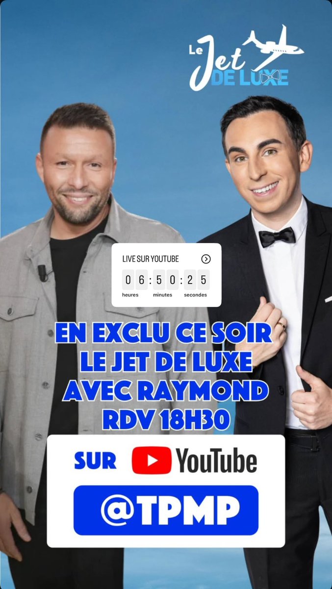 Ce soir 18:30 numéro inédit du Jet De Luxe avec <a href="/RaymondLeMatin/">Raymond</a> sur #TPMP 
Puis en replay sur la chaîne YouTube de <a href="/Jordan2luxe/">Jordan De Luxe</a> 

youtube.com/@jordandeluxe?…