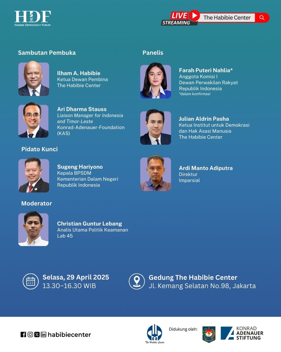 habibiecenter (@habibiecenter) on Twitter photo The Habibie Center didukung oleh <a href="/KASIndonesia/">Konrad-Adenauer-Stiftung Indonesia</a> dan <a href="/BPSDMkemendagri/">BPSDM.Kemendagri</a>, akan menyelenggarakan Dialog Demokrasi yang berjudul "Menavigasi Reformasi Keamanan dan Politik dalam Bingkai Demokrasi”. The Habibie Center didukung oleh <a href="/KASIndonesia/">Konrad-Adenauer-Stiftung Indonesia</a> dan <a href="/BPSDMkemendagri/">BPSDM.Kemendagri</a>, akan menyelenggarakan Dialog Demokrasi yang berjudul "Menavigasi Reformasi Keamanan dan Politik dalam Bingkai Demokrasi”.